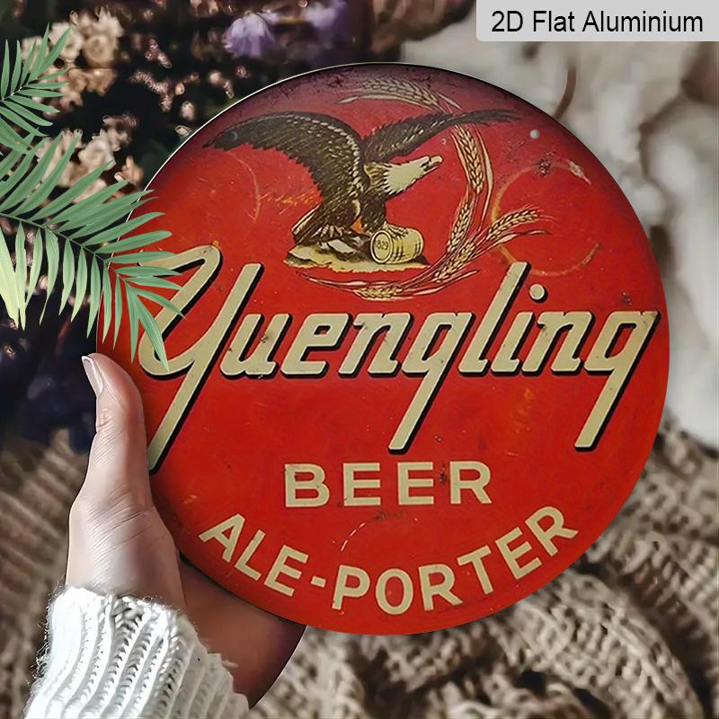 2D Flat, 1pc Yuengling Beer Vintage Round Metal Sign - Eagle & Barrel Design, Red & White Retro Wall Art, Durable Aluminum Sign with Pre-Drilled