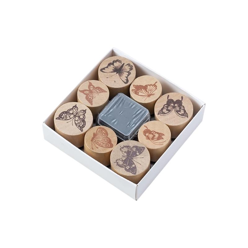 8Pcs Wood Craft Stamp Flower Stamper with Inkpad Scrapbooking Decorative Stamp for Scrapbooking Journal Planner Notebook