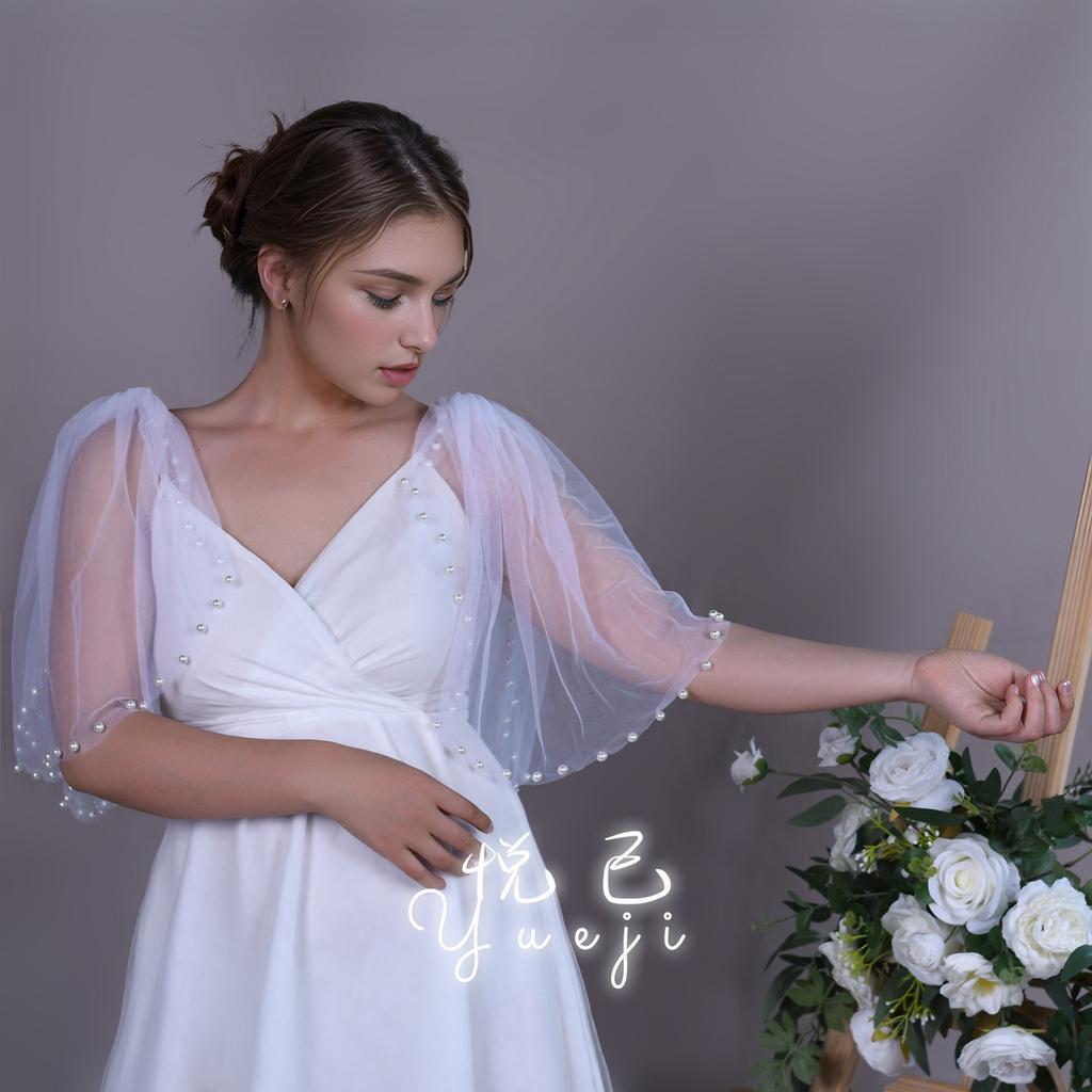 Detachable Glitter Tulle Puff Short Sleeve Cuffs, Mixed Size Pearl Beaded Sheer Arm Covers for Wedding Bridal Evening Dress