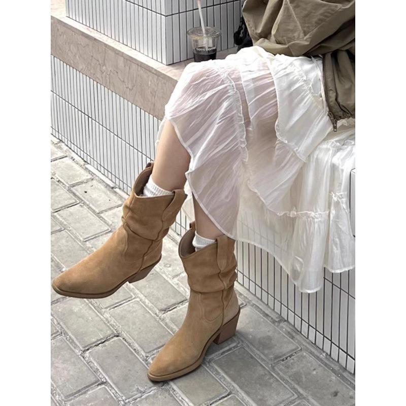 Cowhide Version~ Ruth Zhao Pointed Pile Boots Short Boots High Heel Retro Western Knight Boots Middle Boots