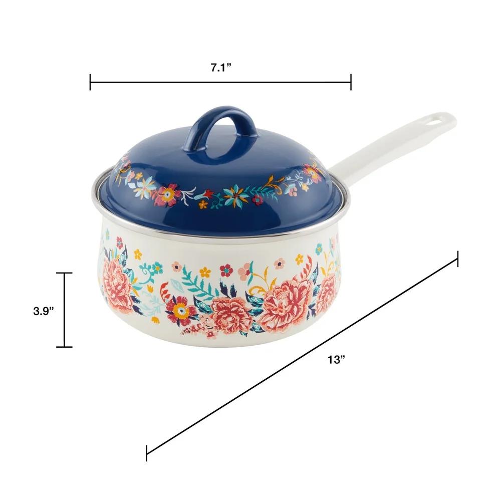 Floral Enamel-on-Steel Saucepan 2QT Kitchen Essential Durable Cookware Vintage Inspired Boiling Sauce Heating Soup Charming