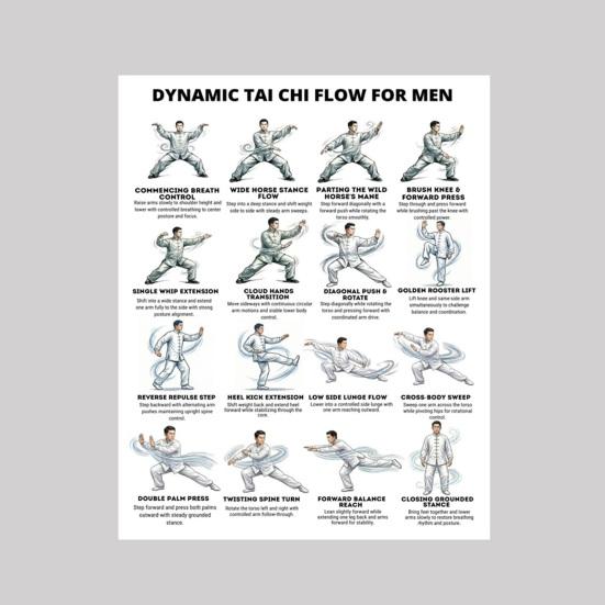 3Pcs Men Tai Chi Training Plan Guide for Posture Correction And Pain Relief Core Strength Flexibility Muscle Endurance Poster No Impact Exercise for