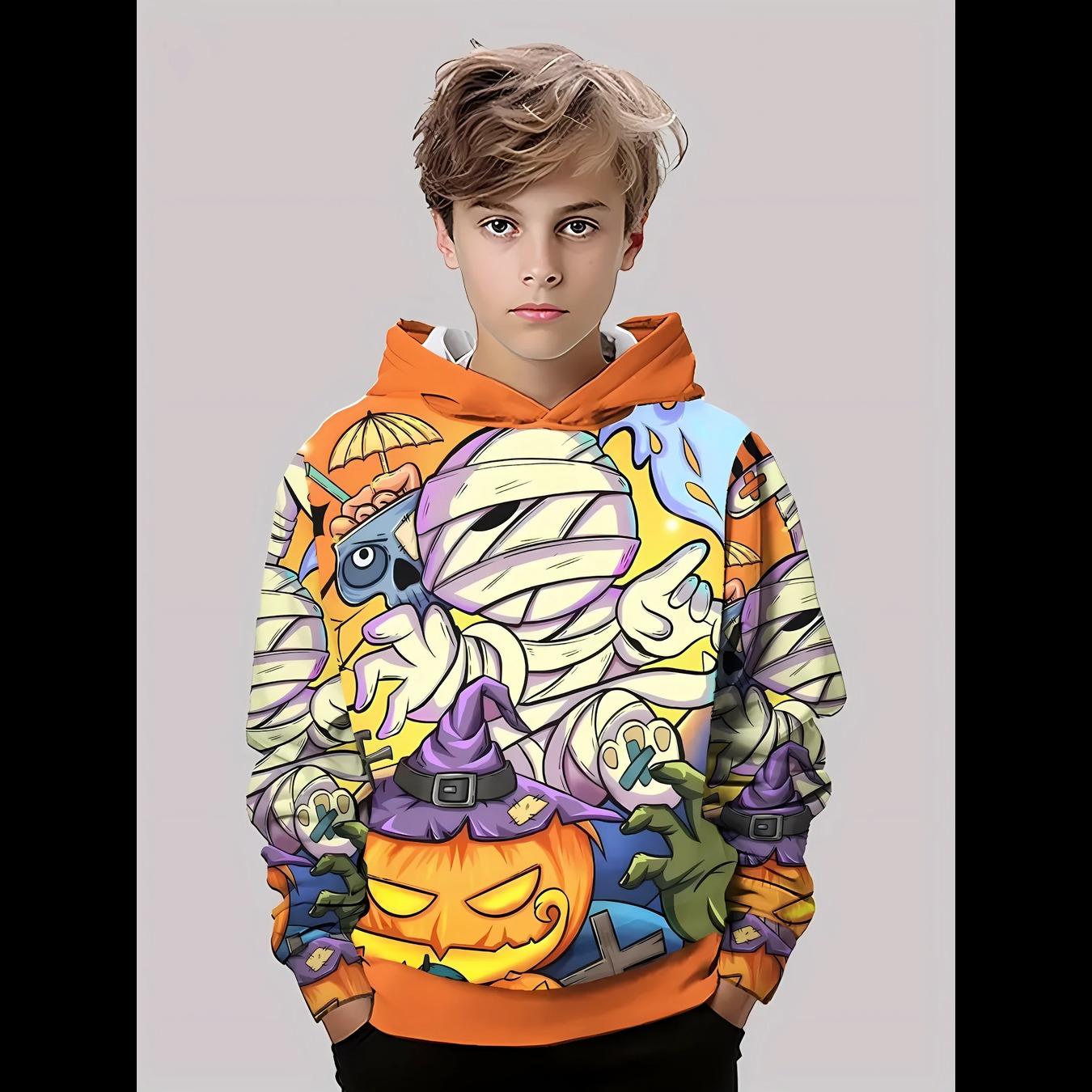 

Fall 2025 new comfortable children s hoodie 3D cartoon Halloween monster print outdoor casual jumper 13-14Y
