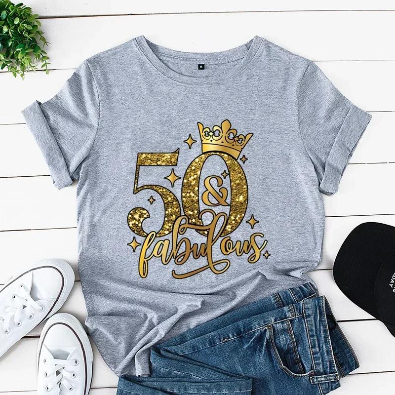50 and Fabulous Tshirts 50th Birthday Funny Women T Shirts Hip Hop Vintage Tee Clothes Creativity Tops Womans Short Sleeve Tees