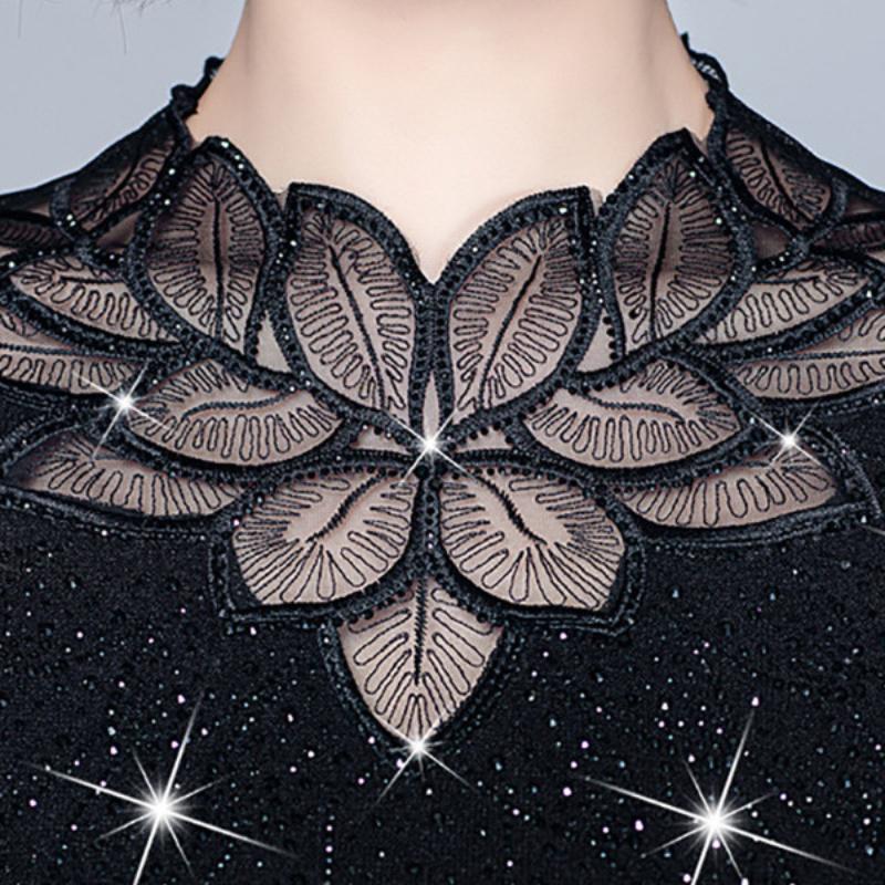 Plus Velvet Thick Bottoming Shirt Women's Spring and Autumn Fashion Black Lace Small Shirt Mesh Long-sleeved Top