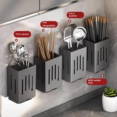 Chopsticks Storage Box Draining Hanging Rack Kitchen Wall Mounted Utensil Holder No Drill Spoon Fork Chopsticks Caddy