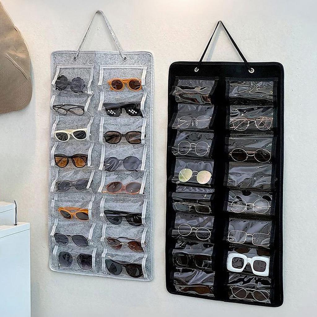 16 Slot Sunglasses Storage Hanging Bag, Wall Mounted Glasses Storage Rack, Foldable, Made of Felt and PVC Material