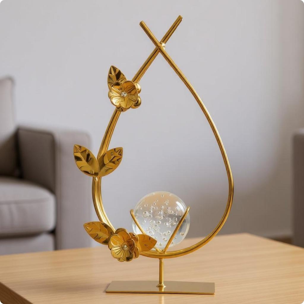 Crystal Ball Decor Elegant Luxury Desk Sculpture Gold Flower Ornament Gift Idea Leaf Sculpture Shiny Finish for Living Room