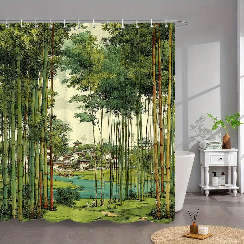 

1Pc Extra Large Chinese Bamboo Forest Bath Curtain - Traditional Asian Bathroom Decor With Bamboo, River, Sky & Architecture W60H190(CM)-1 Pcs
