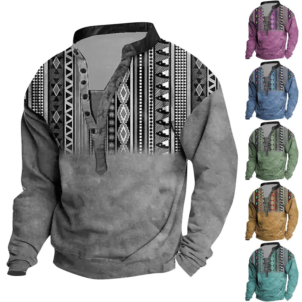 V-neck Sweater Men's 3d Digital Printing Stand Collar 6 Button Vintage Collar