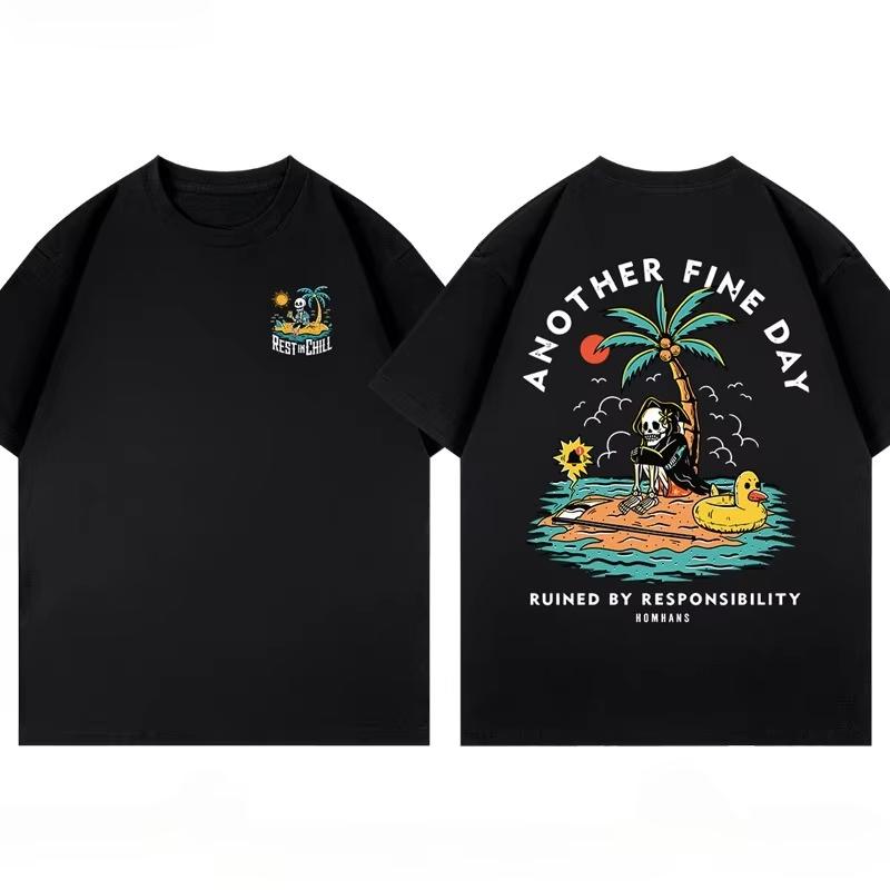 2025 Summer New Fun Death God Vacation printed cotton Tshirt loose and fashionable couple shortsleeved mens and womens tops