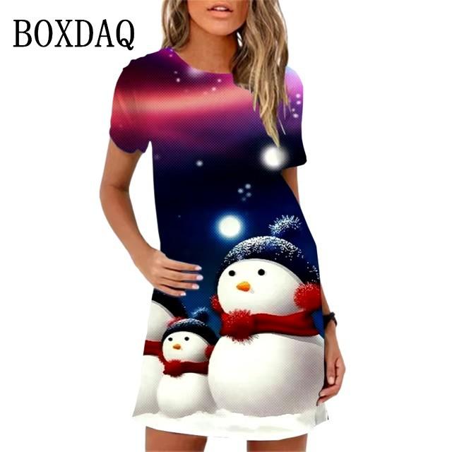 Fashion Christmas Snowman Digital Printed Women's Clothing Kawai Sweet Cartoon Short Sleeve New Summer Casual Dress