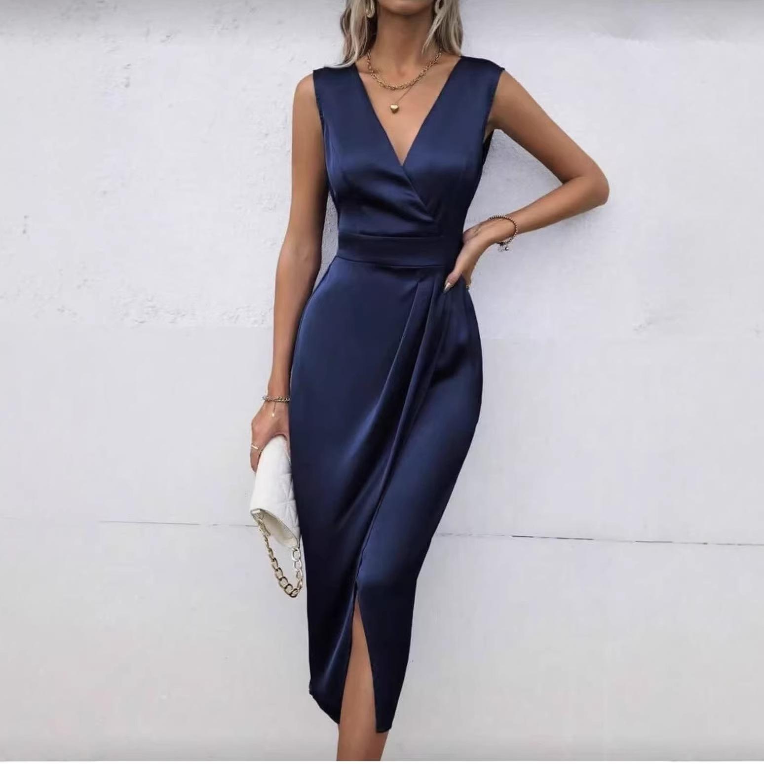 European and American elegant fashion party slim sleeveless V-neck split irregular dress temperament commuting S