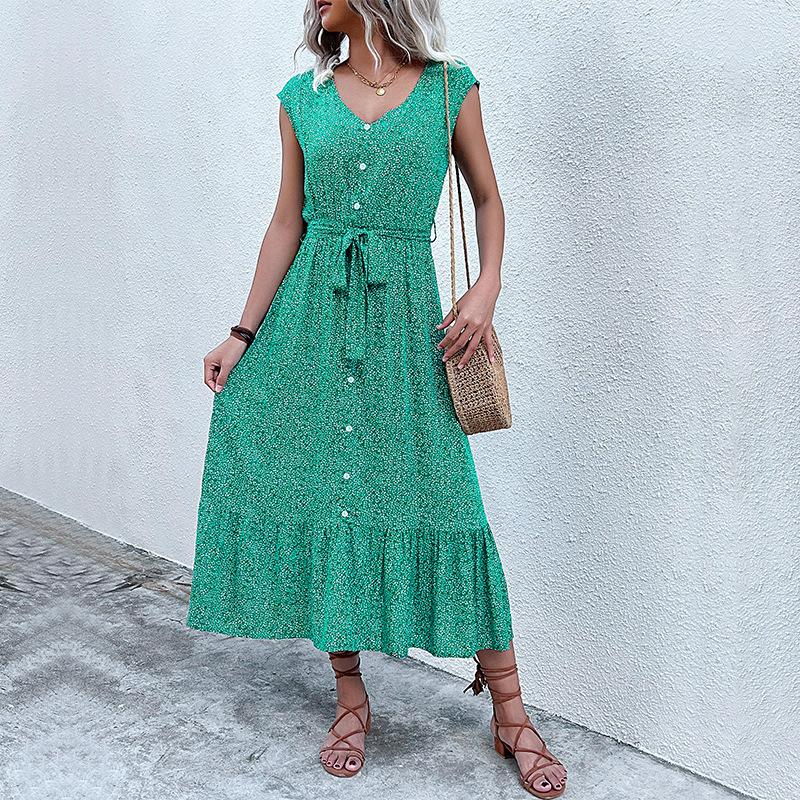 Summer lace-up V-neck short-sleeved floral split dress in stock