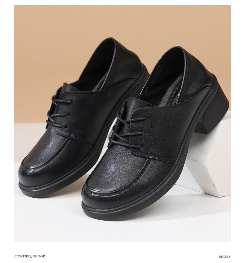 Genuine Leather Women's Chunky Heel Round Toe Shoes - Autumn Non-Slip & Comfortable Mom Shoes with Soft Mid Sole