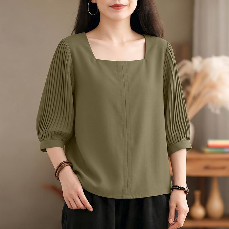 ZANZEA Women Square Collar Solid Color Loose Casual 3/4 Sleeve Blouse