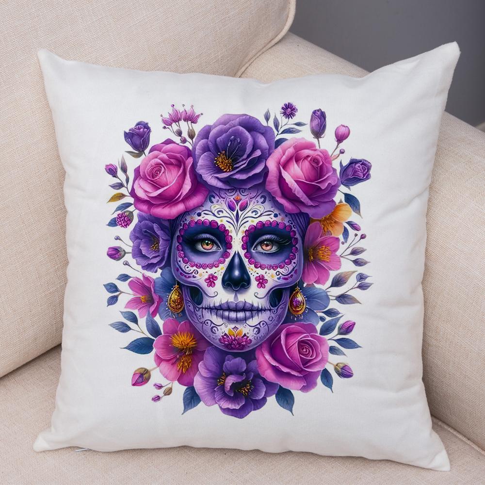 Vibrant Dahlia Sugar Skull Pillowcase Double Print Red Rose Skull Cushion Cover Soft Plush Pastel Floral Skull Pillowe Case