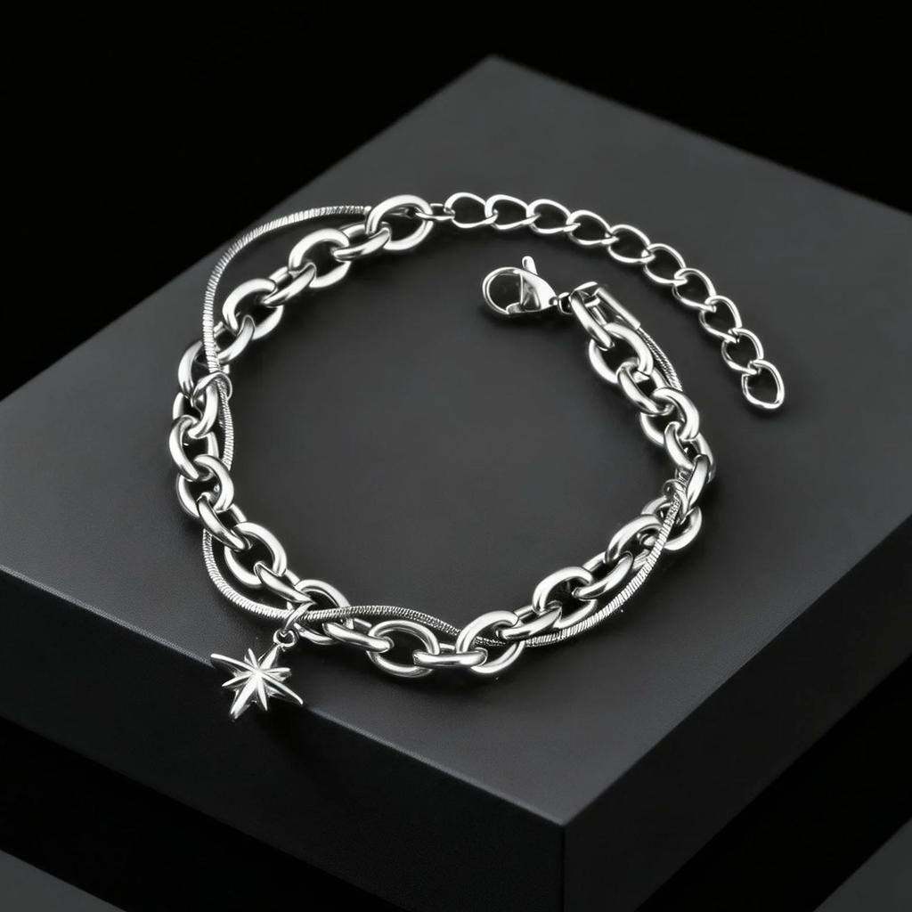 Retro Silver Color Stainless Steel Double-layer Bracelet for Men, Hip Hop Punk Style Star Charm Bracelets, Fashion Cool Jewelry