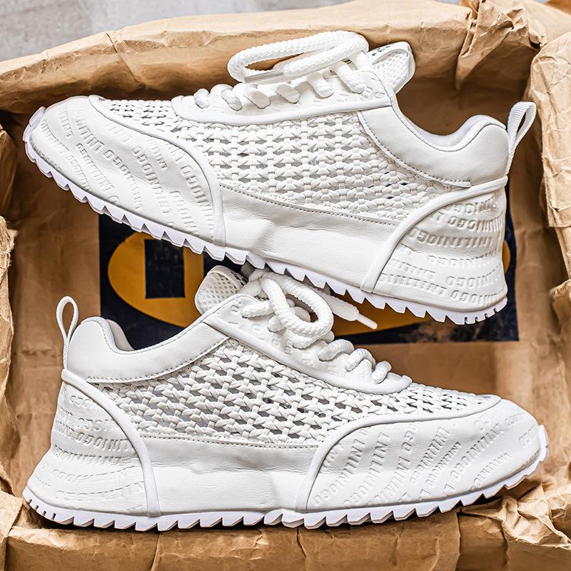 

Высококлассные спортивные туфли с вырезами, модные и универсальные, летняя новинка, сетчатые дышащие мужские туфли, корейская версия, толстая подошва, обувь на высокой платформе 39 белый