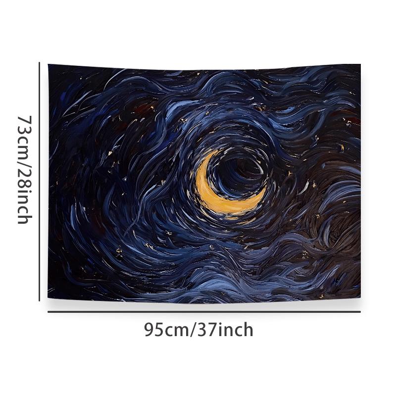 Starry Moon Tapestry, Swirling Night Sky with Crescent Moon, Abstract Cosmic Wall Hanging for Living Room Bedroom