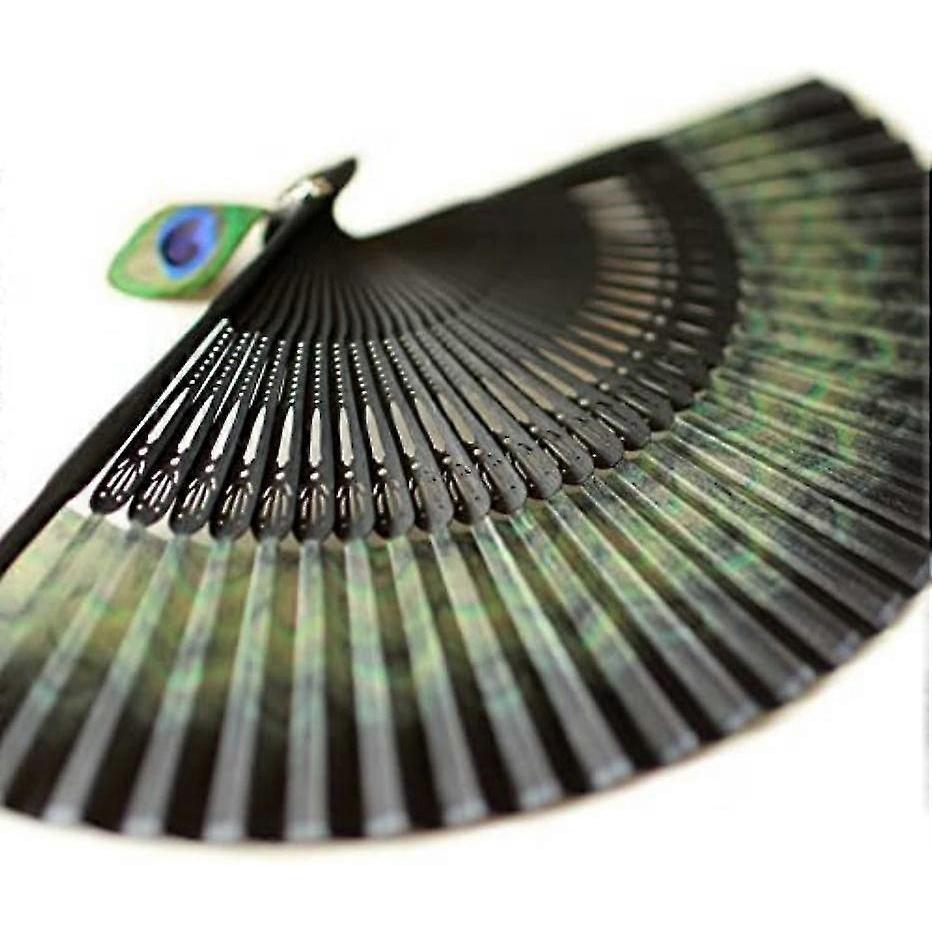 Ladies High-end Bamboo Folding Hand Fan, Peacock Feather Pattern 1 Piece