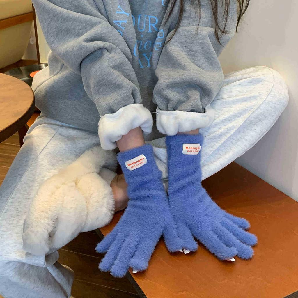 Soft waxy plush knitted gloves high-end ins warm dew fingers cold-proof five-finger gloves versatile