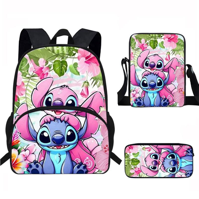 Stitch Kids School Backpack Set Elementary Students Oxford Fabric Ergonomic Design Printed Cartoon 3-Piece Bundle