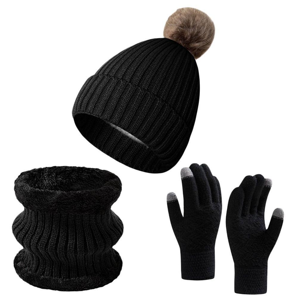 3Pcs/Set Thicken Winter Hat Scarf Gloves Set Plush Lining Touchscreen Gloves for Men Women
