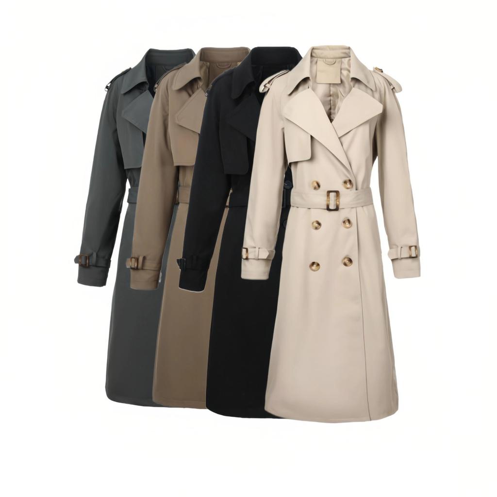 European and American classic lapel trench coat double-breasted + epaulettes decorative belt, crisp and elegant British style