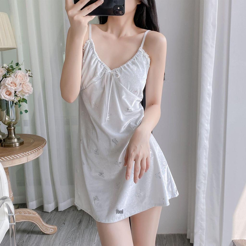 Women's Autumn/Winter Velvet Two-Piece Pajama Set - Butterfly Camisole Nightdress & Robe