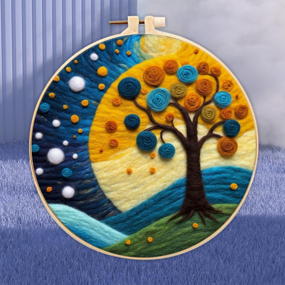 CHENISTORY Paquete de Fieltrado con Lana Árbol de la Vida Kit de Pintura de Fieltrado con Lana con Kit de Bordado Divertido DIY Aguja de Fieltro Marco de 20x20cm