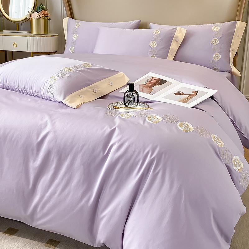 Light Luxury 60-Count Long-Staple Cotton Bedding Set: Solid Color Embroidered 4-Piece (Bed Sheet & Quilt Cover) Pure Cotton.
