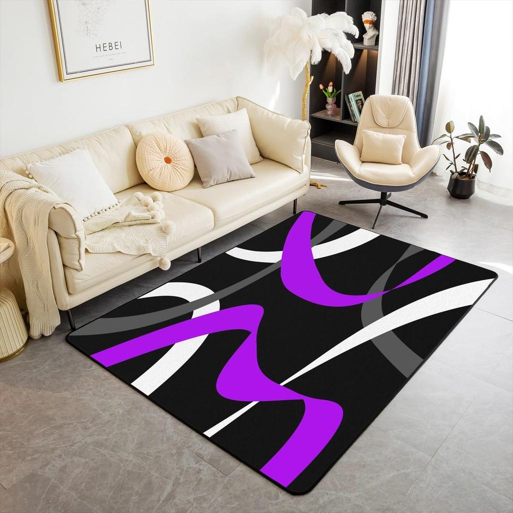 Modern Abstract Curve Print Area Rug, Black Pink & White Design Non-Slip Floor Mat for Living Room Bedroom Home Decor Carpet