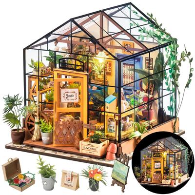 ROBOTIME Miniaturní domeček pro panenky DIY Miniaturní sada Miniaturní sada domečku pro panenky Sada s LED osvětlením a figurkou Příslušenství Kutilské hračky pro děti a dospělé