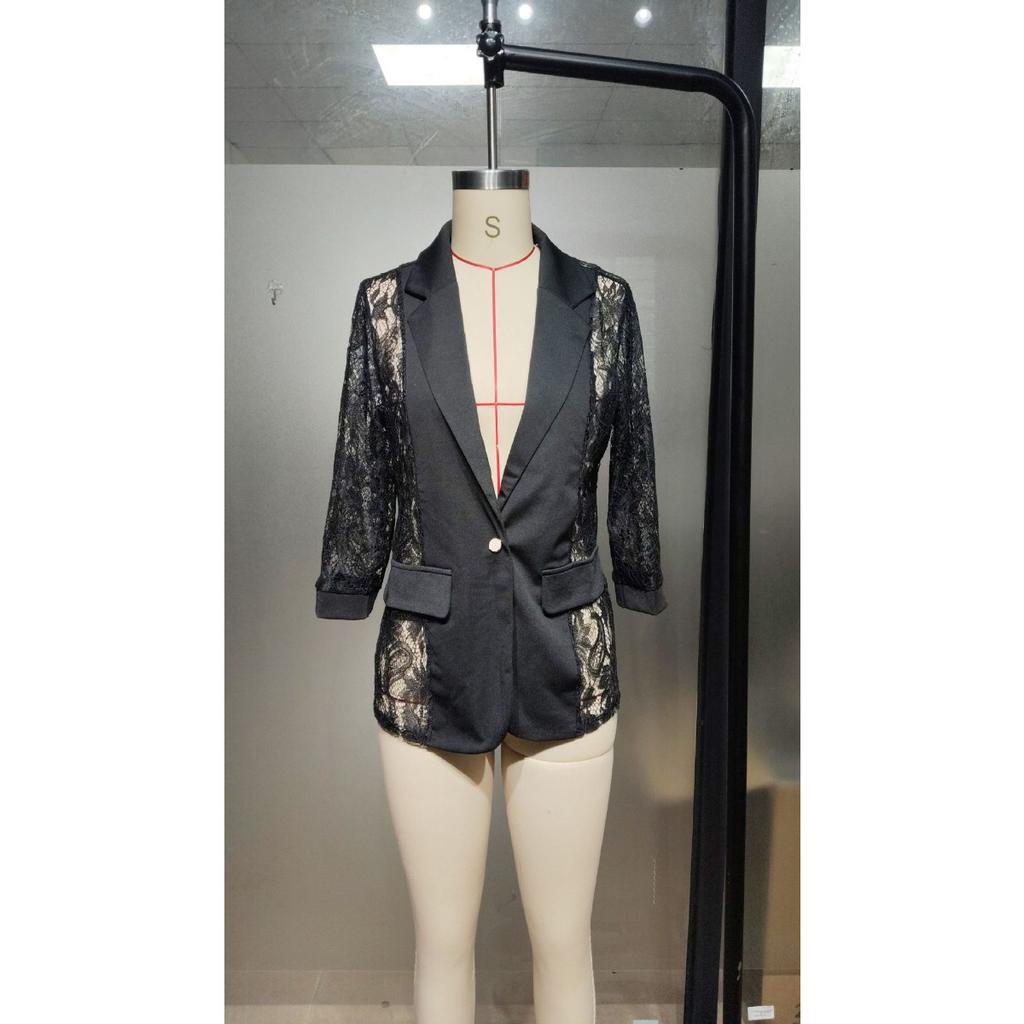 Spring New Women's Elegant Solid Color Fashion Lace Splicing Blazer Coat Casual Outerwear