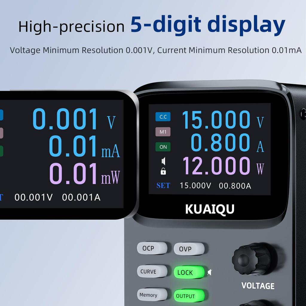 Regolatori di Tensione Variabili 0-30V 0-10A 300W, KUAIQU, Display TFT a 5 Cifre 0.01mA Visualizzazione Curva Tensione Corrente OCP OVP Per Rilevamento Consumo Energetico
