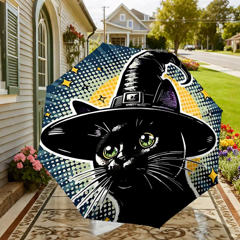Spooky Witch Cat Umbrella: Automatic Opening & Closing, Outdoor Protection, Travel Accessory, Lightweight & Durable