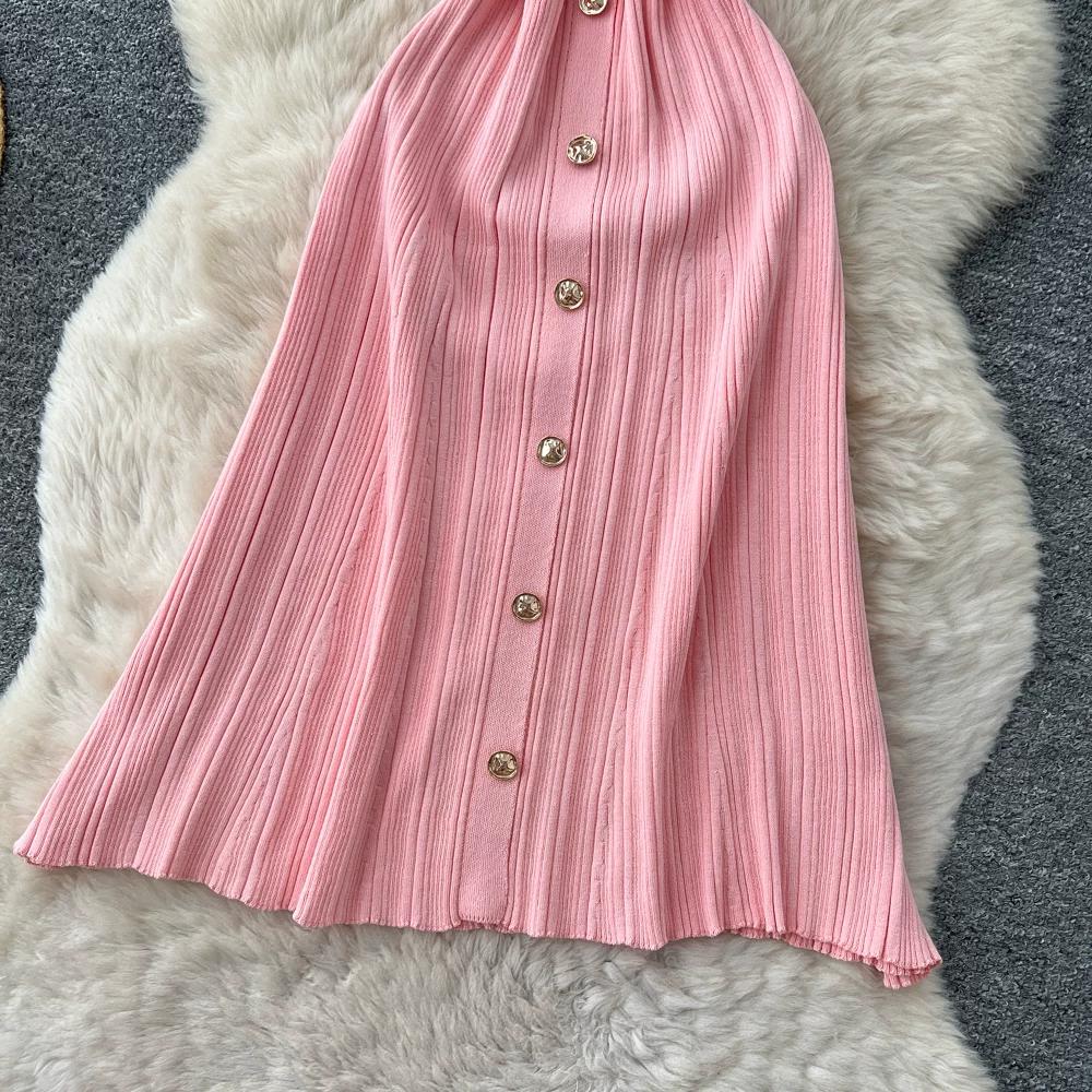 Summer Autumn Pink Button-Down Short Sleeve Short Knit Dress for Women Elegant Turn Down Collar Single-breasted Ruffles Slim Sweater Dresses