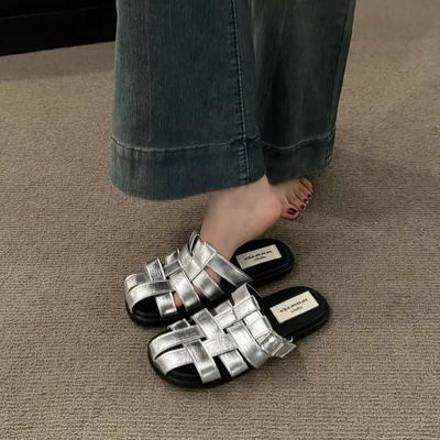 Office Slippers, Women Wear A Slip-on Summer 2024 New Baotou Black, Silver Woven Semi-drag Casual Sandals, Women's Shoes