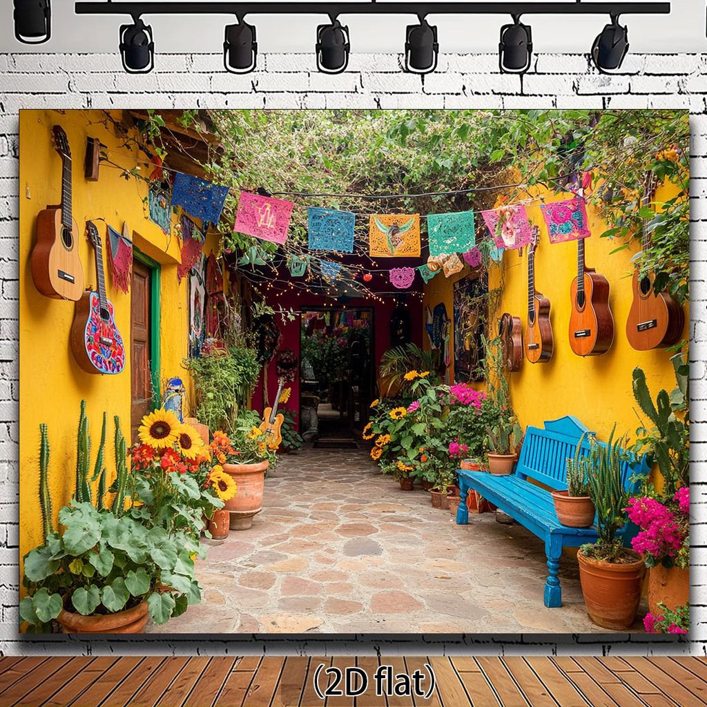2D flat,1pc Mexican Garden Theme Backdrop with Guitars, Colorful Flags, and Flowers for Photography -No electricity