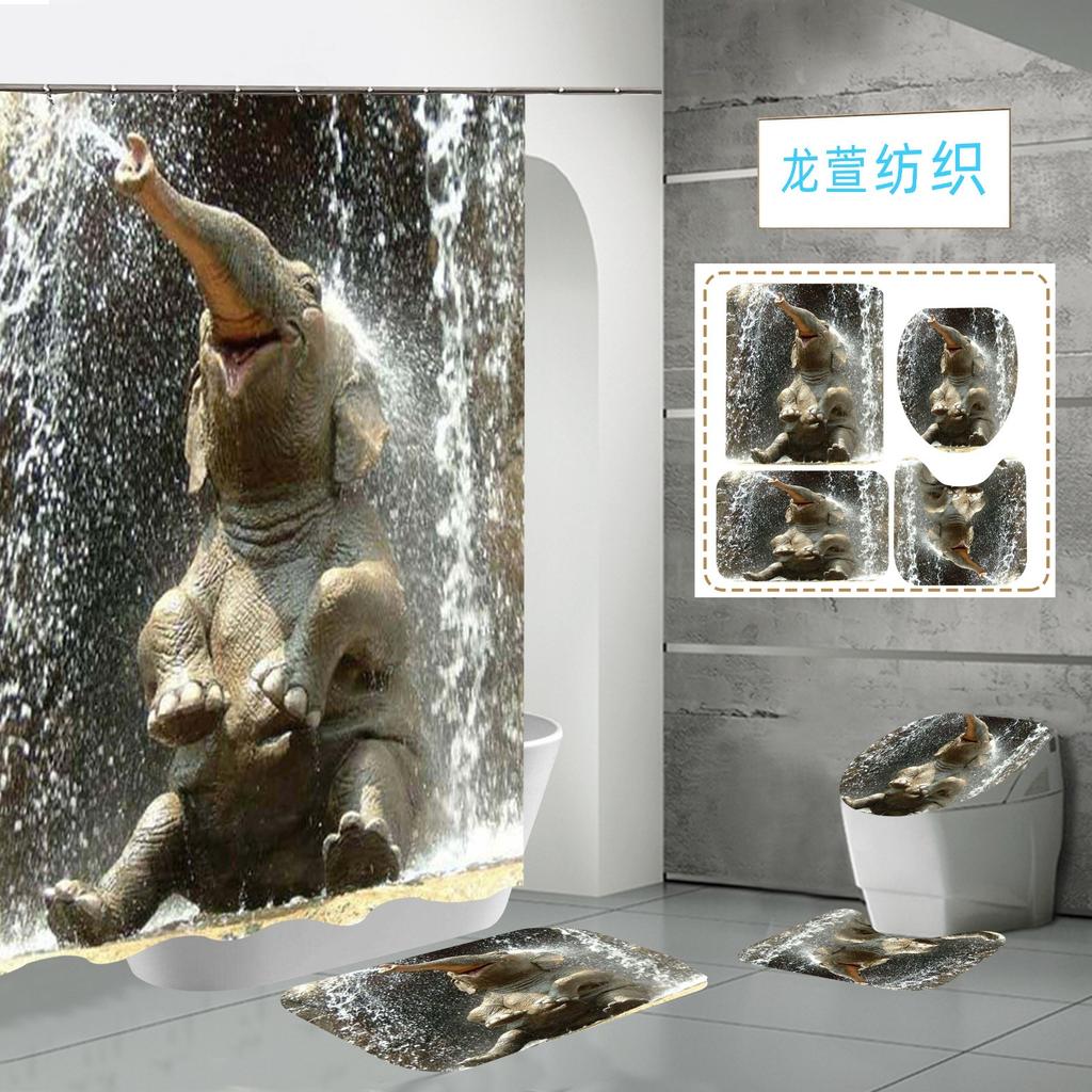 Polyester Elephant 3D Digital Printing Bathroom Personalized Partition Shower Curtain Four-Piece Set