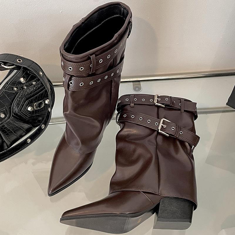 

Мода Мода Остроносые Женские Западные Ботильоны Элегантные Туфли на Толстом Каблуке Женские Ботильоны с Пряжкой на Ремне Zapatos Mujer 35 коричневый