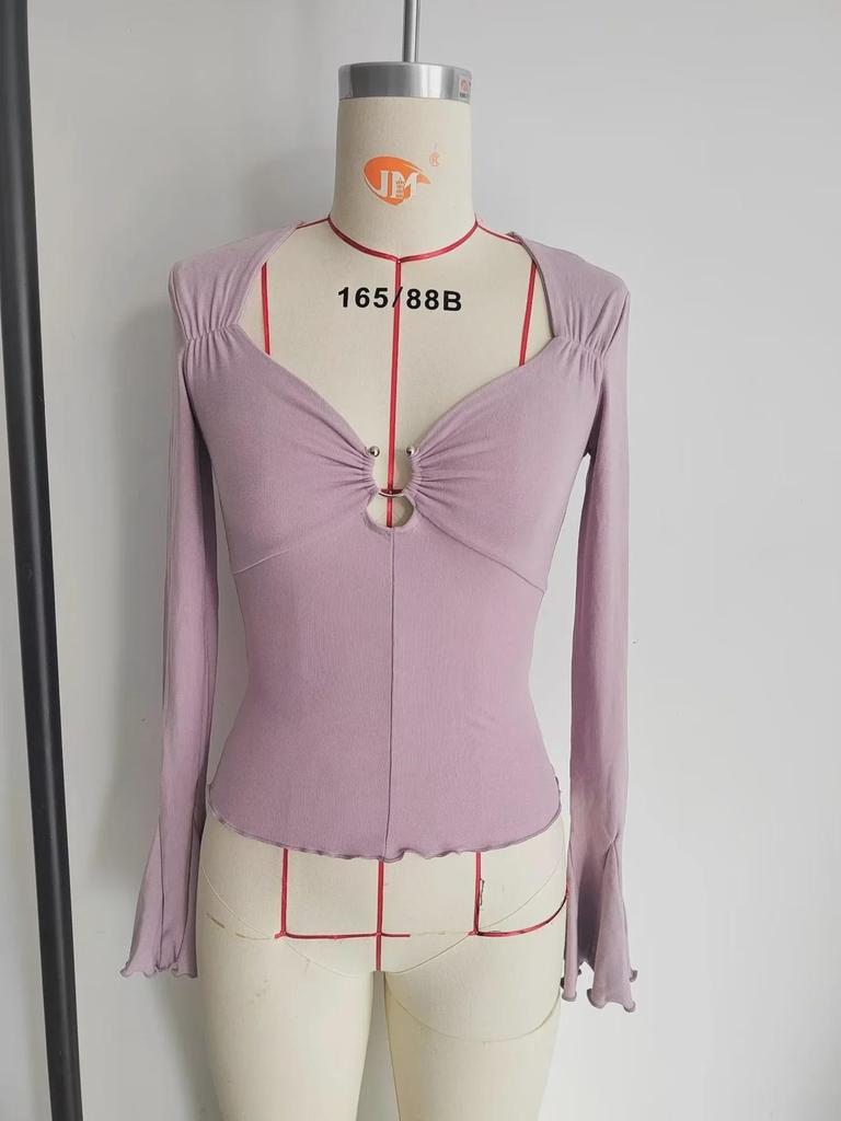 2023 Hot Girl Square Neck Metal Ring Hollow Long Sleeve Top - Sexy Clavicle Exposed Slim Fit Autumn Shirt with Flared Sleeves