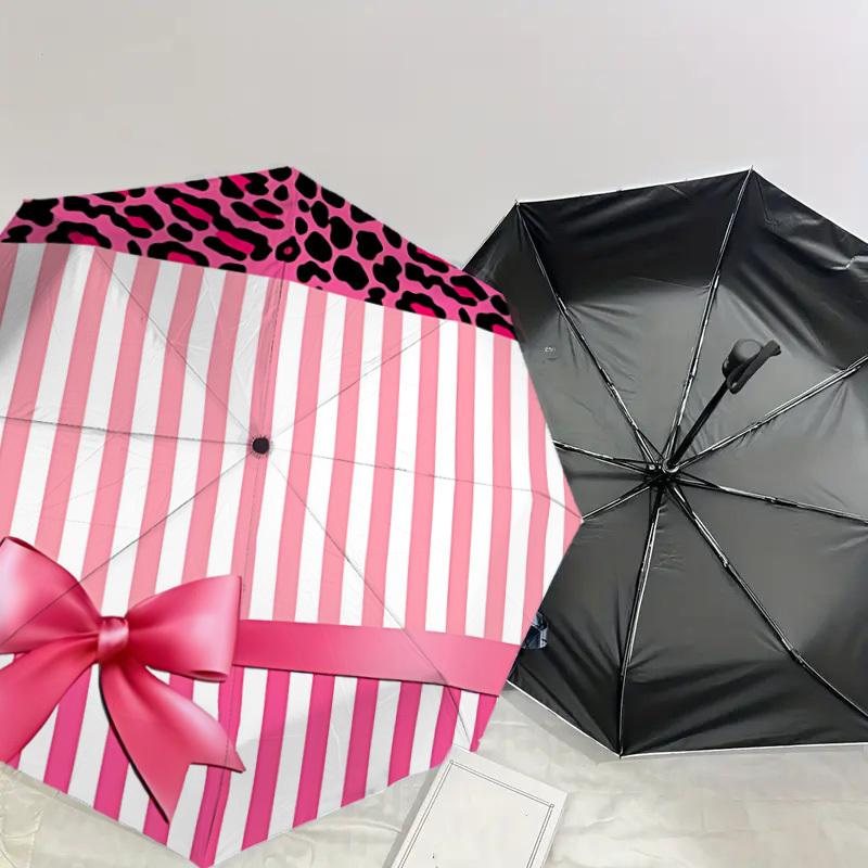 1PC Leopard Print, Pink Stripes Umbrella-8-Rib Reinforced, Automatic Open, Lightweight & Durable, Cute Fashion Accessory for Outdoor-T199