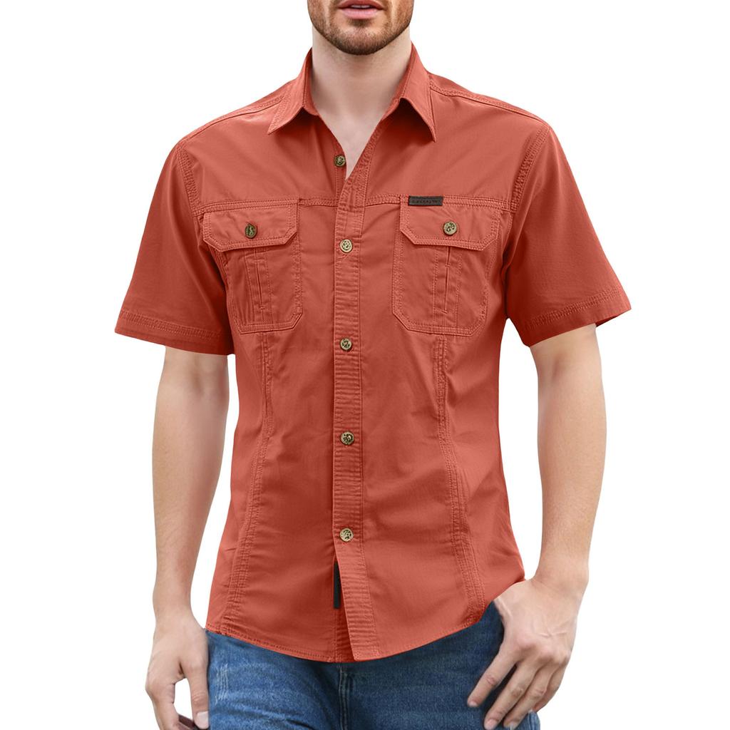 Men'S Shirt With Double Pockets Casual Short Sleeved Top Fashionable Cardigan