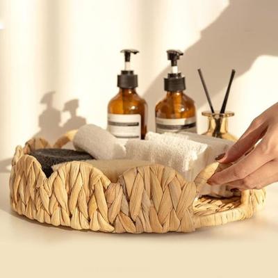 Bandeja de vime com bordas recortadas e alças Bandeja redonda para servir Cesta de vime leve para decoração de ambiente, armazenamento e organização
