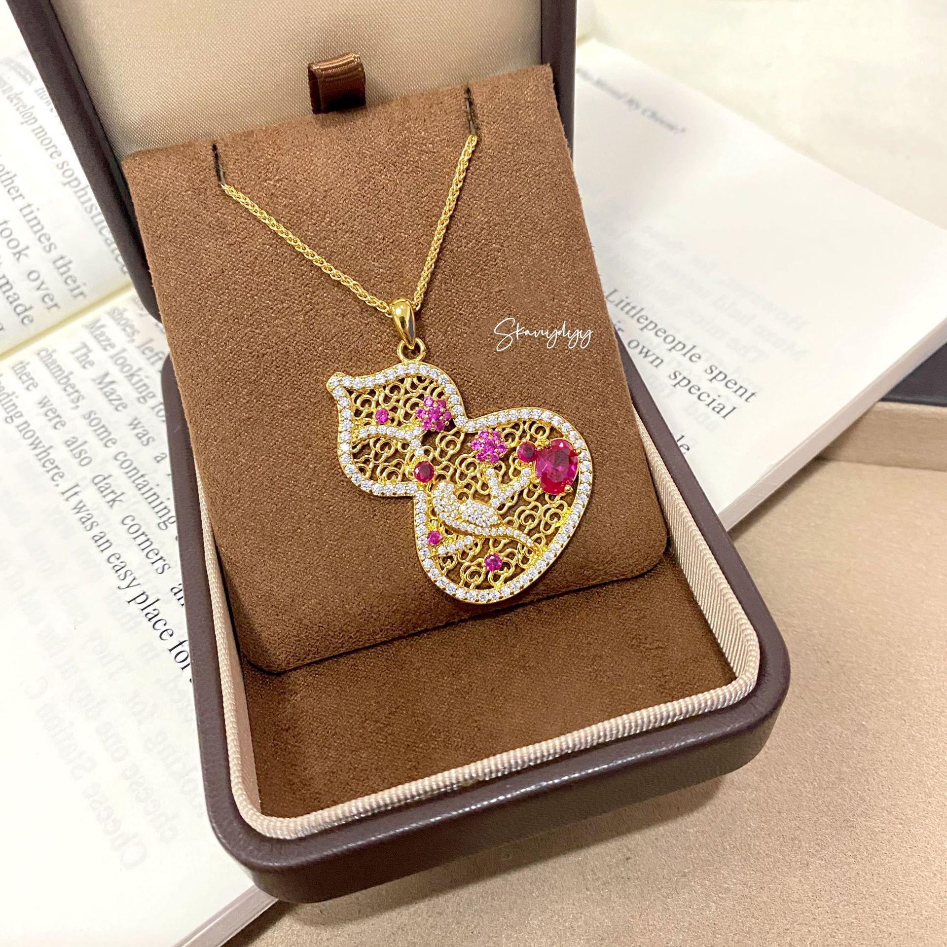 Red Corundum Magpie and Plum Blossom Gourd Pendant Necklace