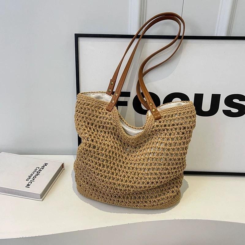 Casual Hollow Single-shoulder Cotton Knitted Bag Small Lazy Hand Straw Seaside Vacation Beach Female Trumpet length 29 high 27
