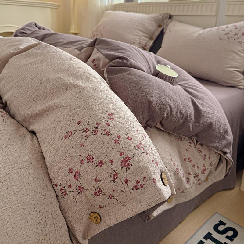 Pure Cotton Vintage Floral 4 Piece Bedding Set Button Style All Cotton Bed Sheet Fitted Sheet Cover A Class Bed Linens