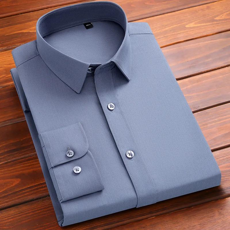 Men Social Shirt Bamboo Fiber Long Sleeve Anti-wrinkle Non-ironing Slim Fashion Casual Business Office White Blue Shirt